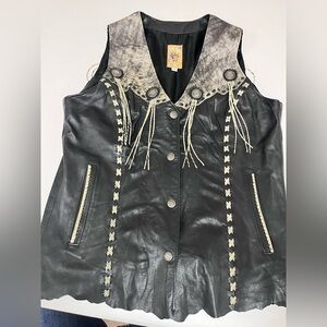 Tribal Black Leather Vest with Fringe Details